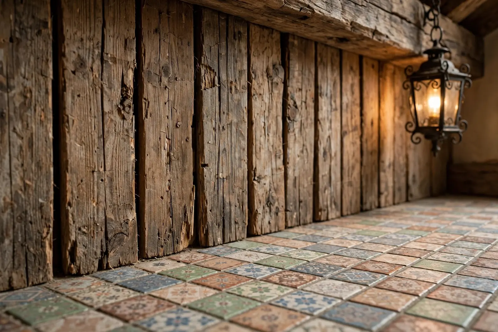 Zbliżenie na surową drewnianą ścianę z pionowych desek z widocznymi szczelinami, posadzkę z małych kafli ceramicznych we wzory oraz wiszącą latarenkę z kutego żelaza pod drewnianą belką.