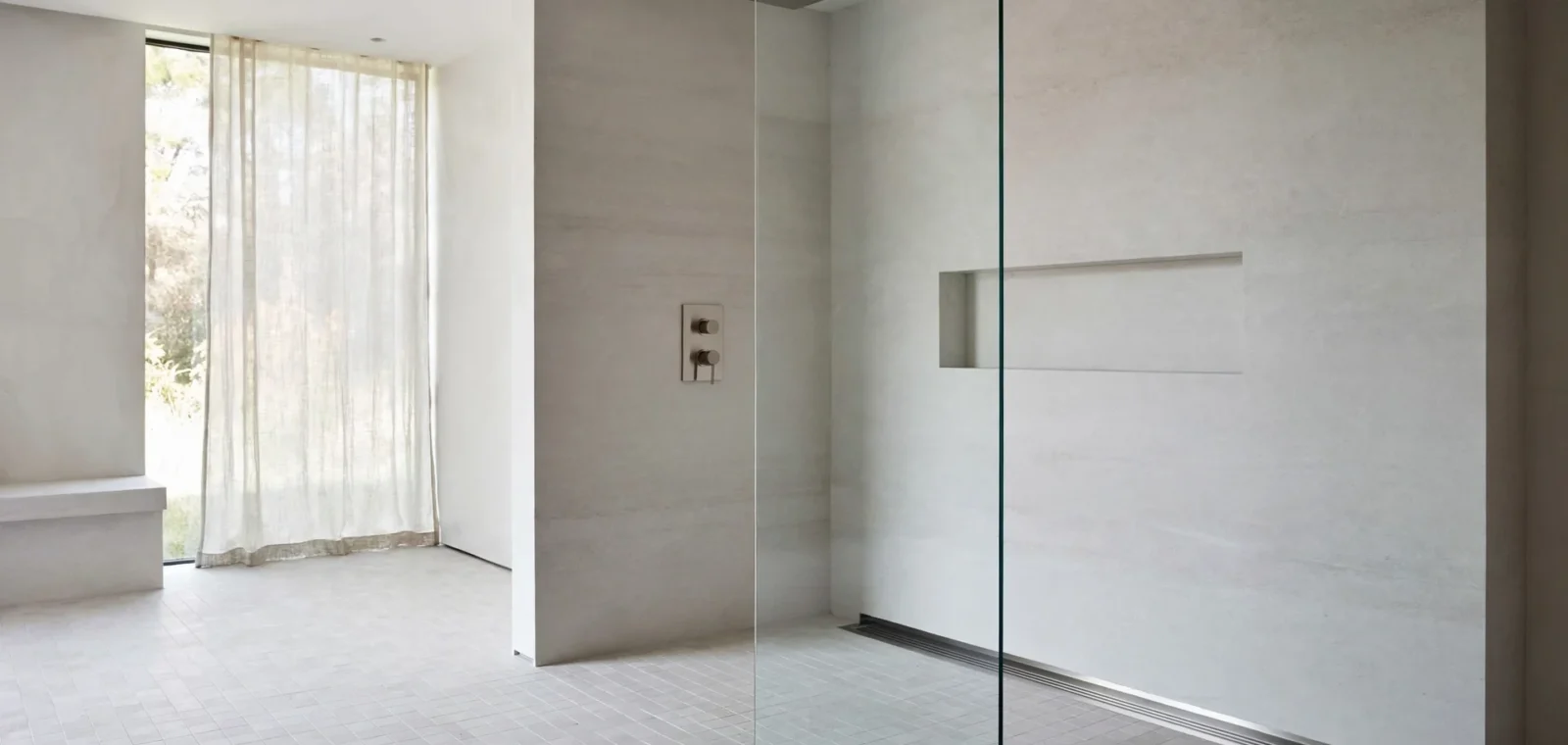 Minimalistyczna, jasnoszara strefa prysznicowa walk-in z bezramową szklaną ścianką, odpływem liniowym w posadzce z drobnych płytek, deszczownicą sufitową oraz wnęką w ścianie.