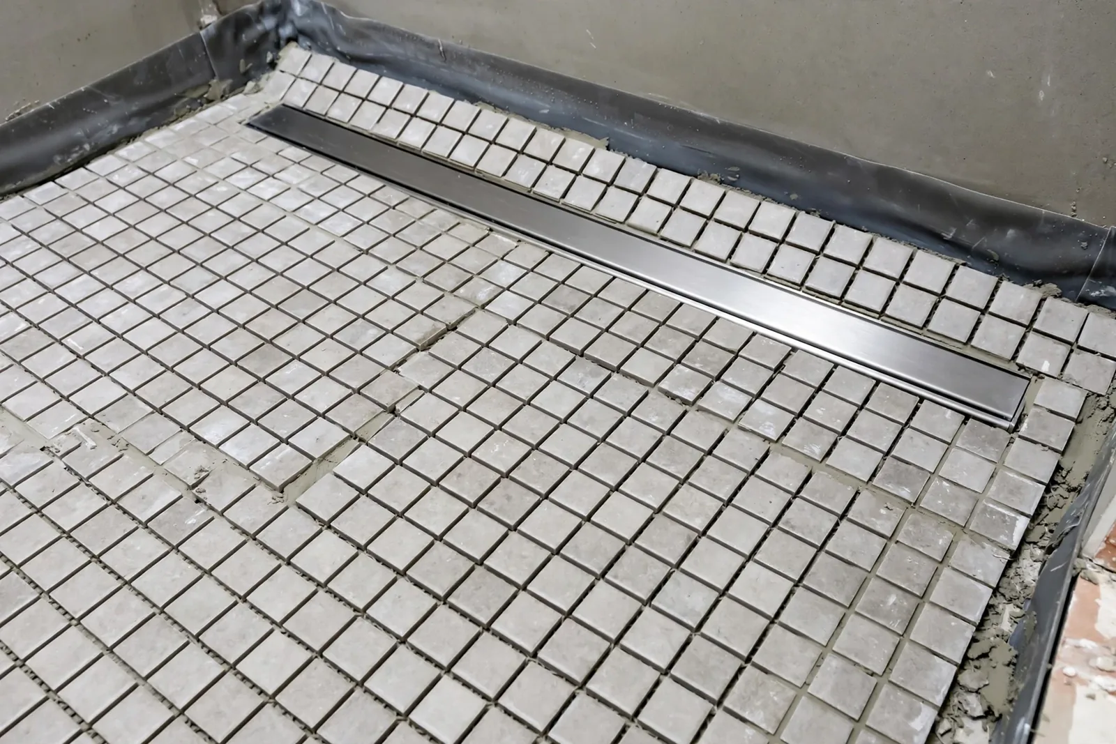 Podłoga prysznica walk-in w trakcie prac budowlanych z ułożoną drobną mozaiką ceramiczną i podłużnym odpływem liniowym ze stali nierdzewnej przy ścianie z widoczną izolacją przeciwwilgociową.