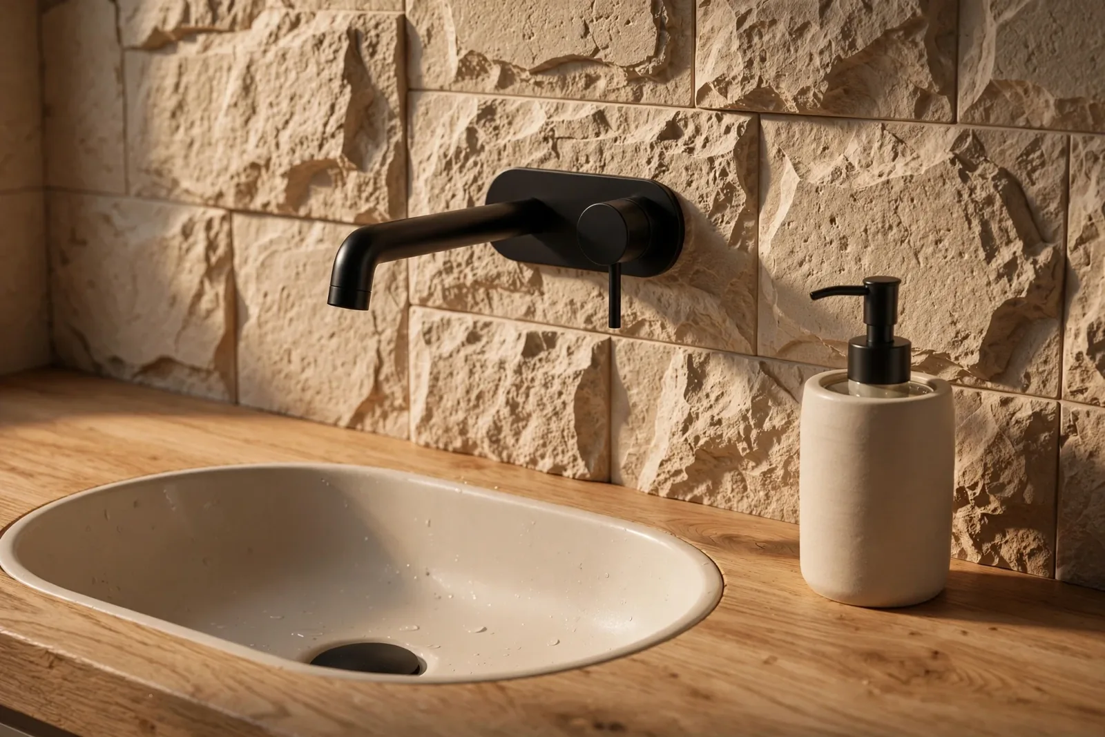 Strefa umywalkowa w beżowej łazience z owalną umywalką wpuszczaną w drewniany blat, matową czarną baterią ścienną, ceramicznym dozownikiem i ścianą wyłożoną kamiennymi, fakturowanymi płytkami.