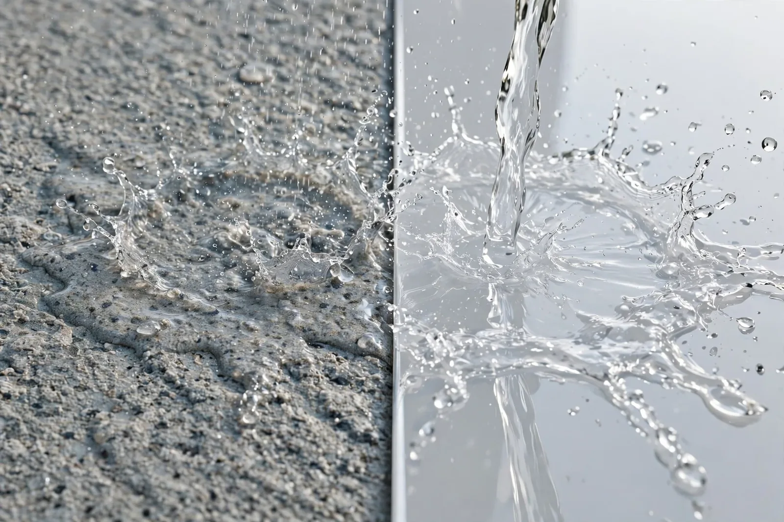 Makrofotografia porównawcza przedstawiająca krople i strumień wody rozbryzgujące się o chropowatą powierzchnię konglomeratu mineralnego po lewej oraz gładką, białą powierzchnię akrylową po prawej stronie.