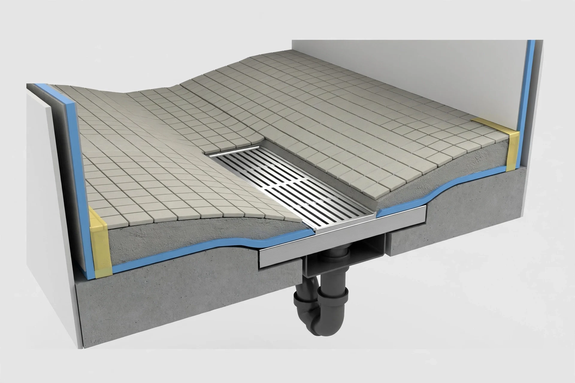 Przekrój techniczny 3D posadzki prysznicowej z odpływem liniowym, przedstawiający warstwy: podłoże betonowe, niebieską membranę uszczelniającą, taśmy brzegowe, wylewkę ze spadkiem, płytki ceramiczne oraz syfon pod rusztem.