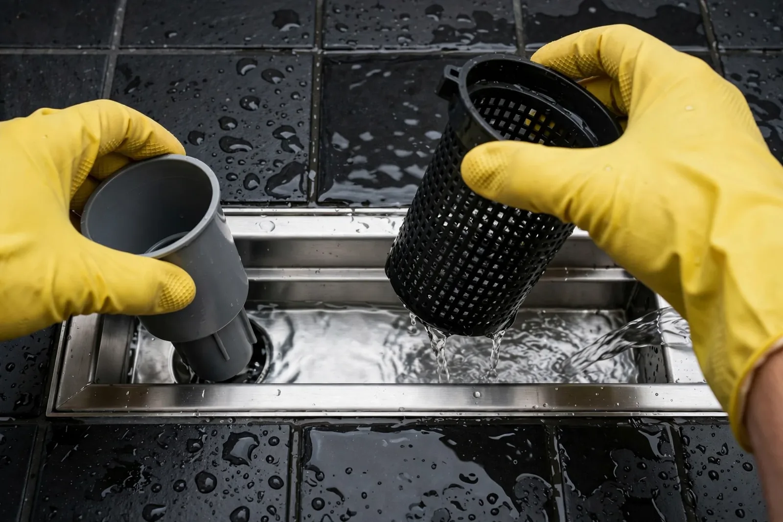 Dłonie w żółtych gumowych rękawicach wyjmujące plastikowy koszyczek filtracyjny oraz kielich syfonu z otwartego stalowego odpływu liniowego w ciemnych kafelkach.