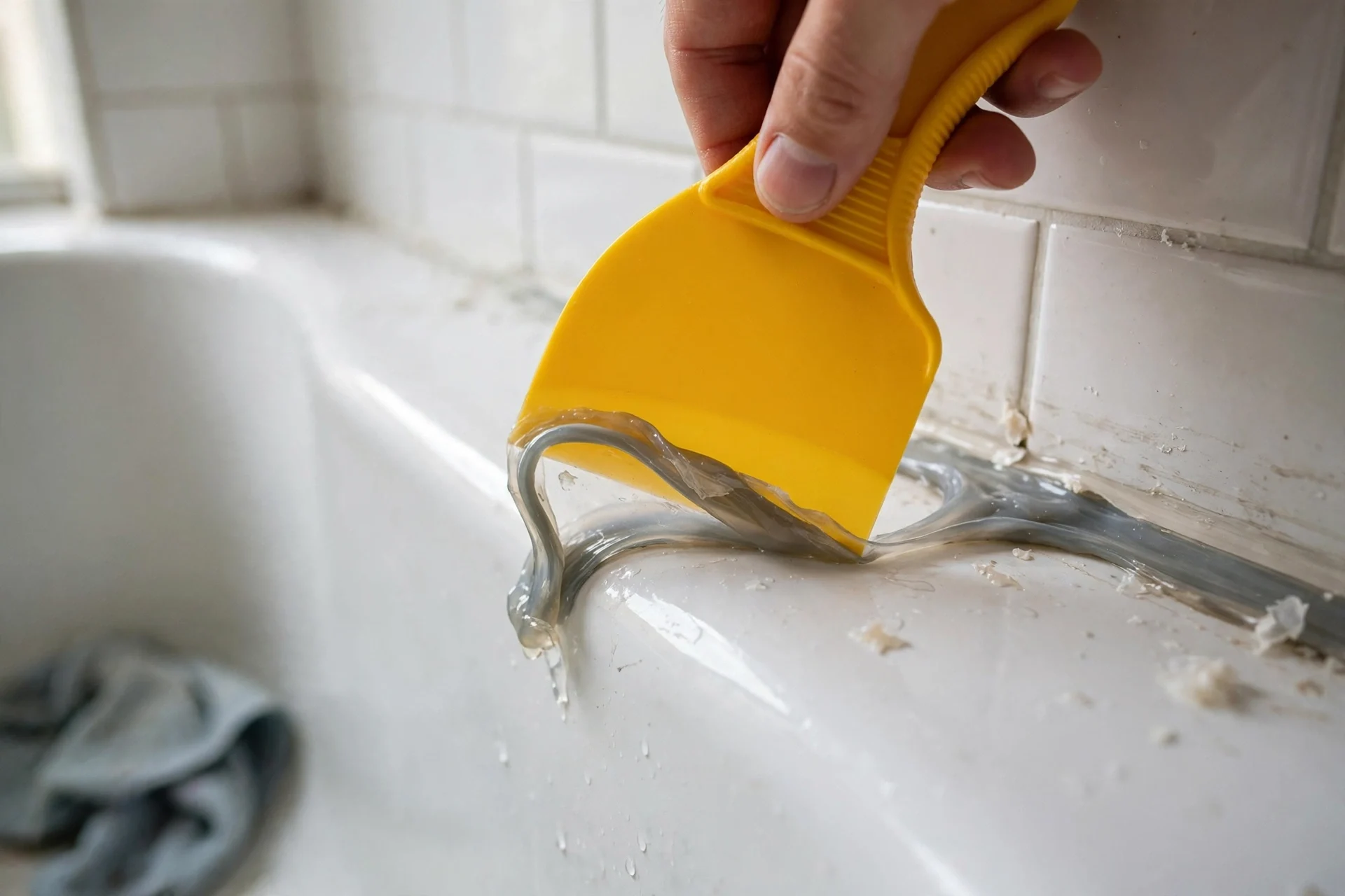 Dłoń trzymająca żółtą plastikową szpachelkę, którą zeskrobuje zmiękczony, szary silikon z krawędzi białej wanny przy kafelkach ściennych.