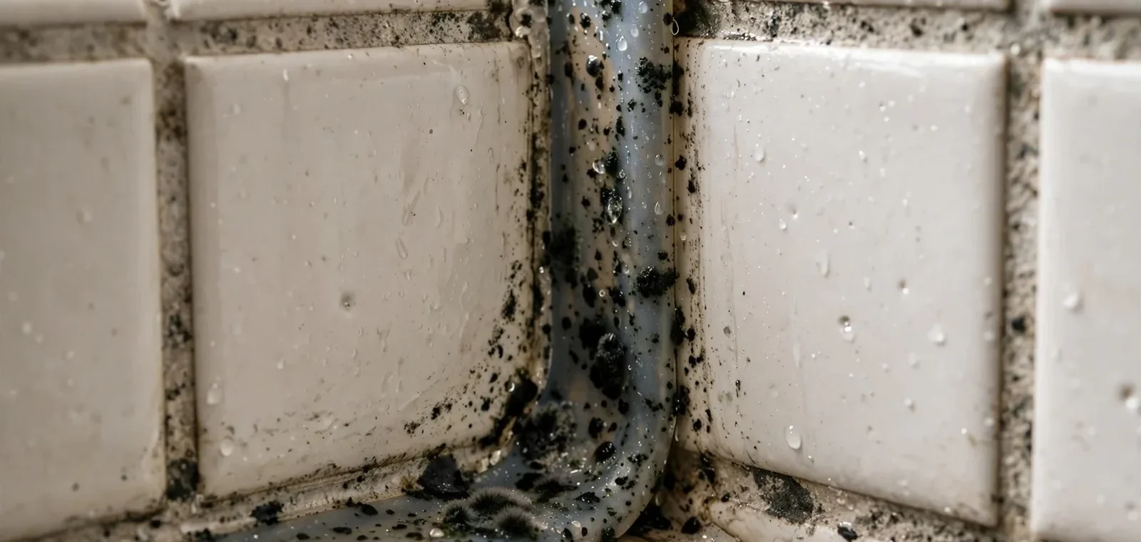 Zbliżenie na narożnik z białymi kafelkami ceramicznymi i uszczelnieniem silikonowym pokrytym czarnym nalotem pleśni oraz kroplami wody.