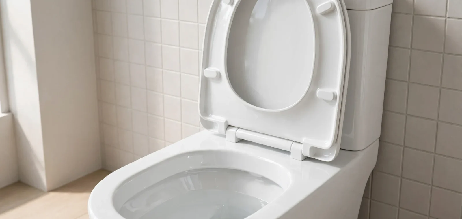 Czysta, biała toaleta ceramiczna z otwartą deską sedesową w łazience wyłożonej jasnymi płytkami.