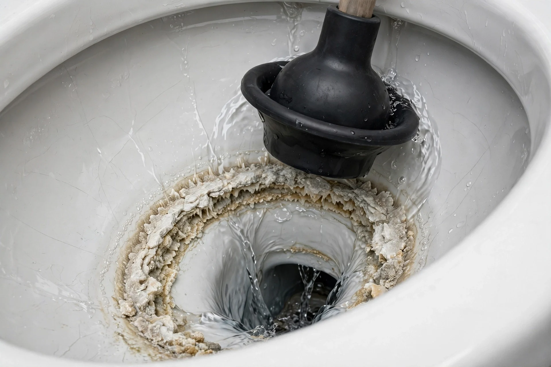 Zbliżenie na wnętrze ceramicznej muszli toaletowej z czarnym gumowym przepychaczem obniżającym poziom wody, ukazującym gruby pierścień zmineralizowanego kamienia wokół odpływu.