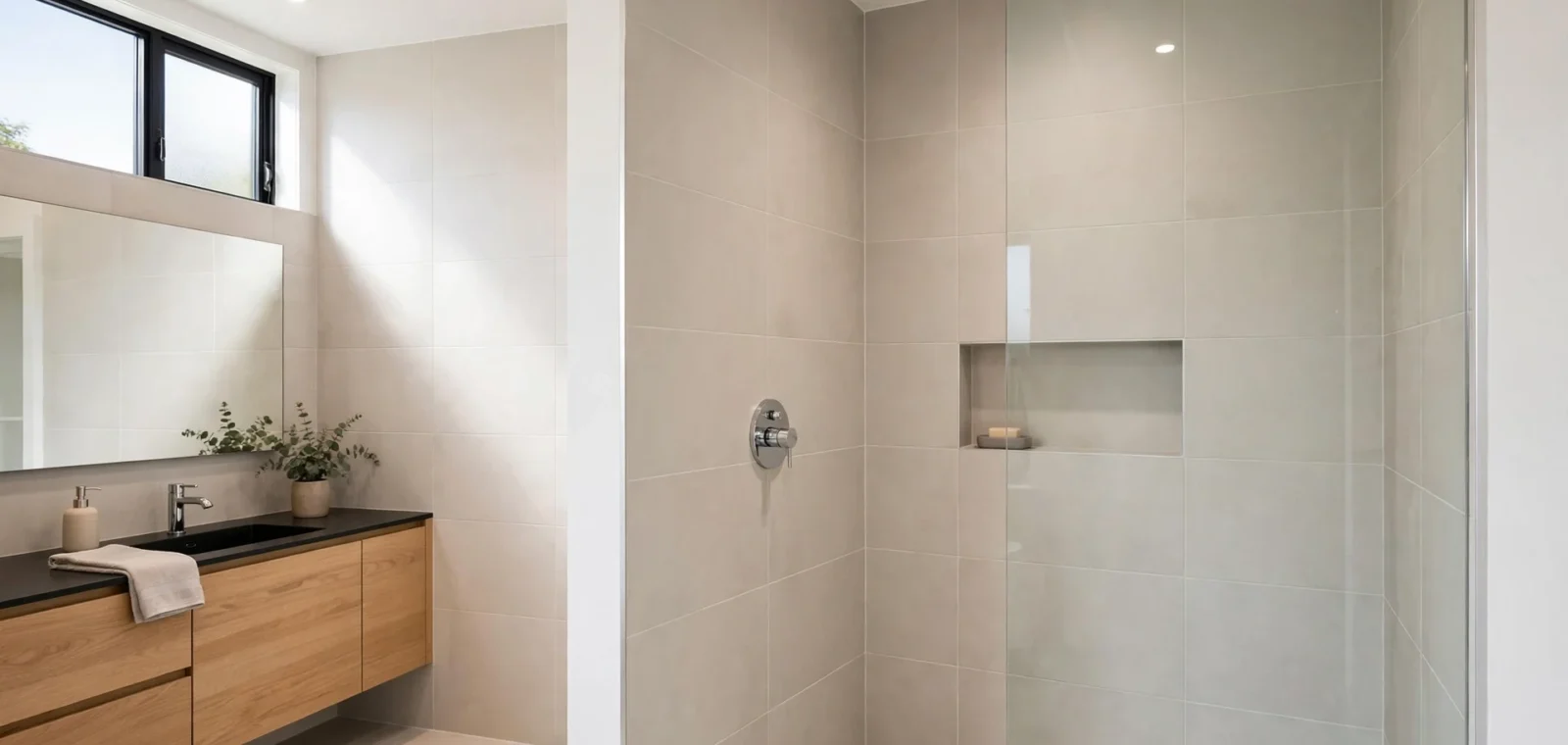Nowoczesna łazienka z kabiną prysznicową typu walk-in, kwadratową deszczownicą sufitową, podtynkową baterią i szafką podumywalkową z drewnianym frontem.