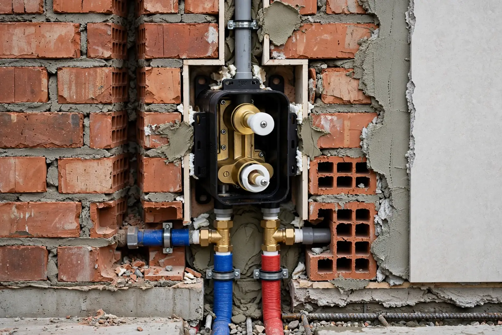 Podtynkowa puszka instalacyjna baterii prysznicowej z mosiężnym korpusem osadzona w bruździe ściany z cegły, z podłączonymi rurami wodnymi w niebieskiej i czerwonej otulinie.