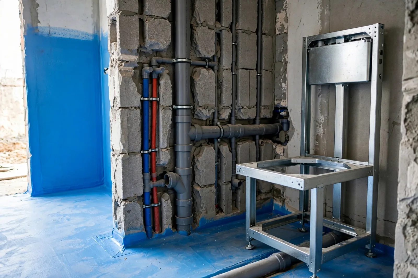 Wnętrze remontowanej łazienki w stanie surowym z widoczną instalacją wodno-kanalizacyjną na ścianie z bloczków, niebieską hydroizolacją na podłodze i metalowym stelażem podtynkowym.