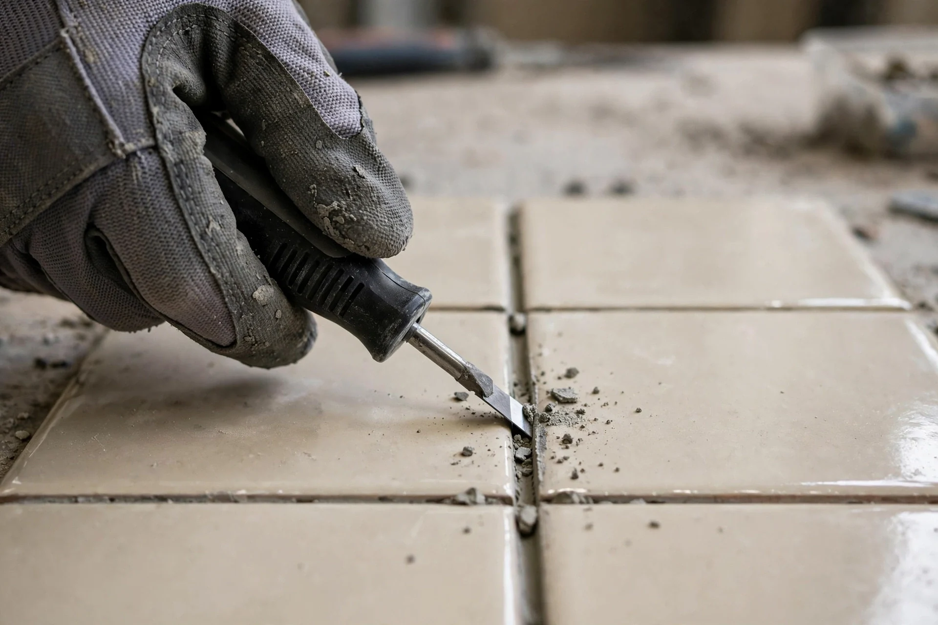 Dłoń w szarej rękawicy roboczej oczyszcza wąskim narzędziem szczelinę między beżowymi płytkami ceramicznymi z resztek starej spoiny.