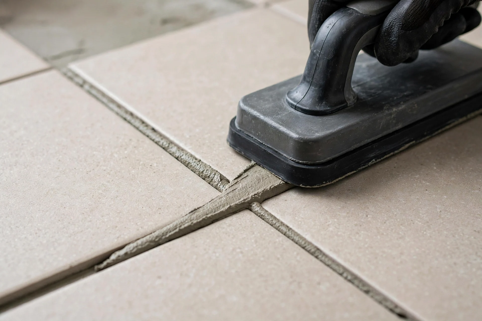 Zbliżenie na dłoń w czarnej rękawicy dociskającą pacę do fugowania ze świeżą zaprawą w szczelinach między beżowymi płytkami ceramicznymi.