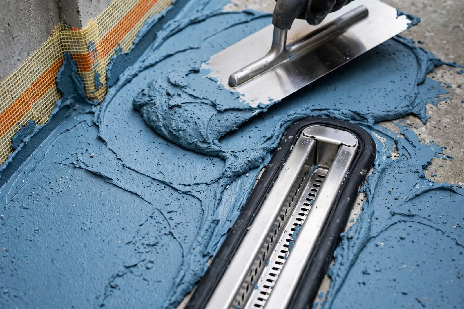 Nakładanie niebieskiej hydroizolacji stalową pacą wokół odpływu liniowego z taśmą uszczelniającą w narożniku