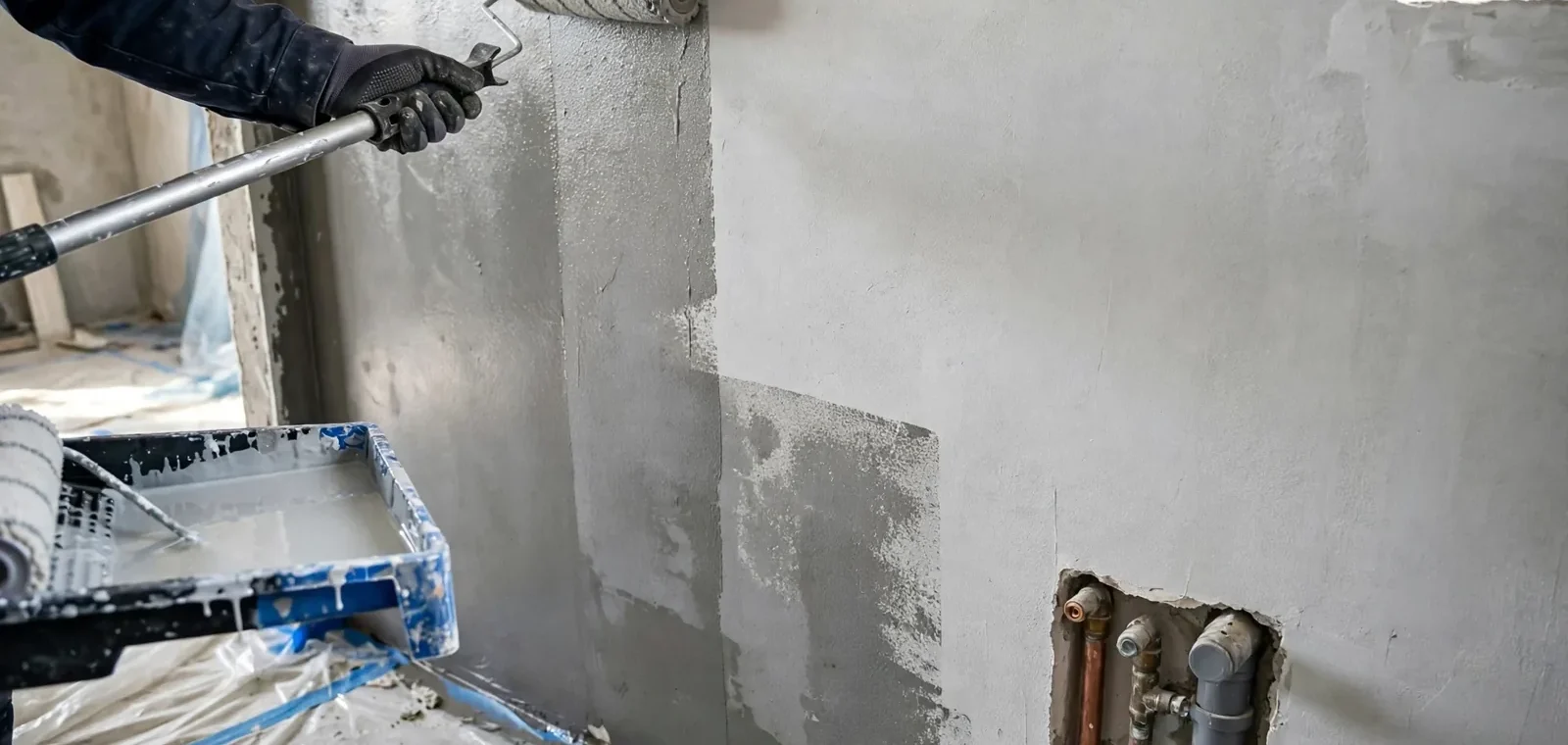 Osoba w rękawicy roboczej nanosi wałkiem na kiju teleskopowym preparat gruntujący na szary tynk na ścianie, obok widoczna kuweta malarska i rury instalacyjne.