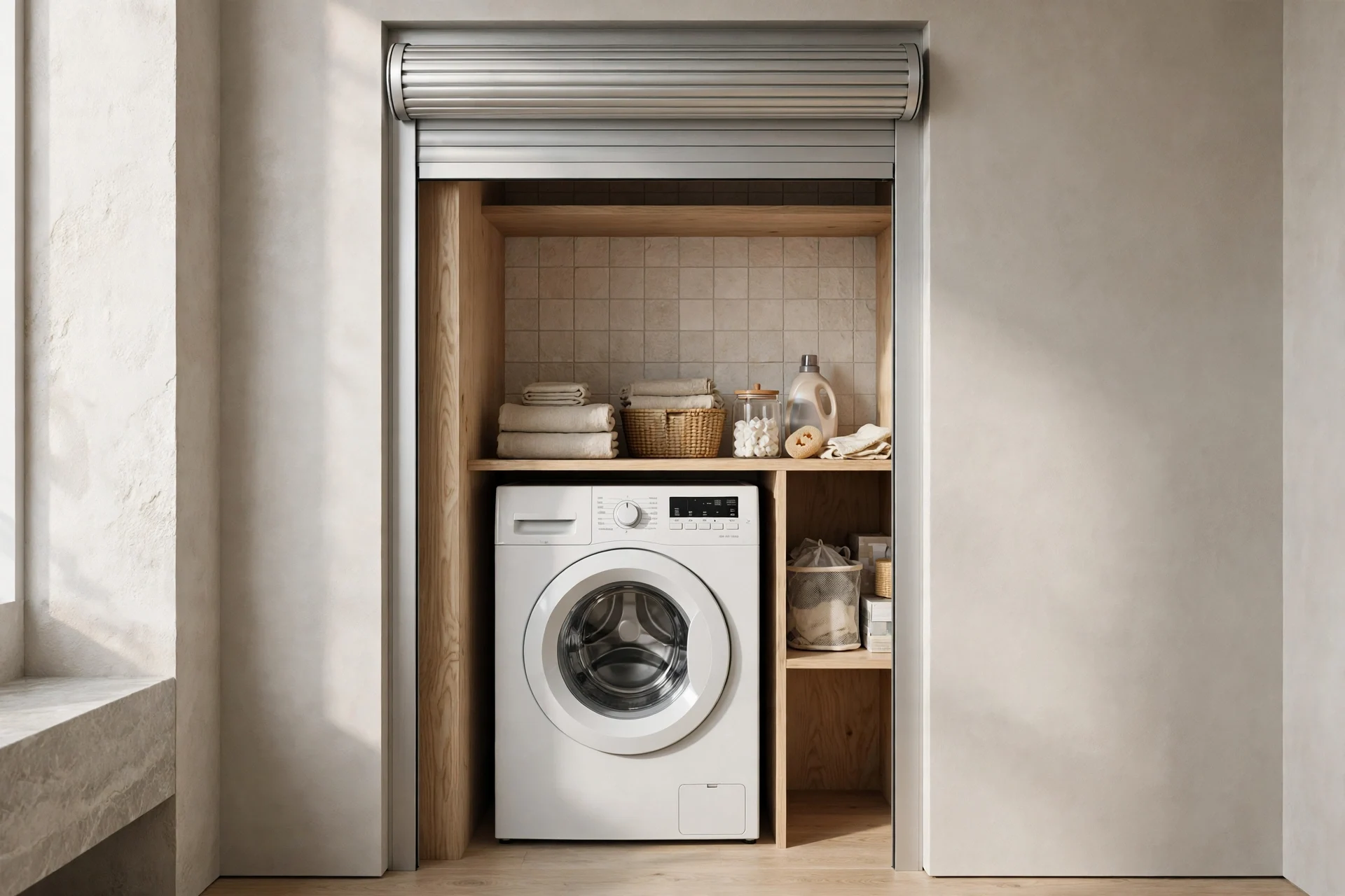 Zabudowa wnękowa w łazience z odsłoniętą aluminiową roletą meblową, wewnątrz której znajduje się biała pralka ładowana od przodu, drewniane półki z ręcznikami, koszami i akcesoriami do prania.