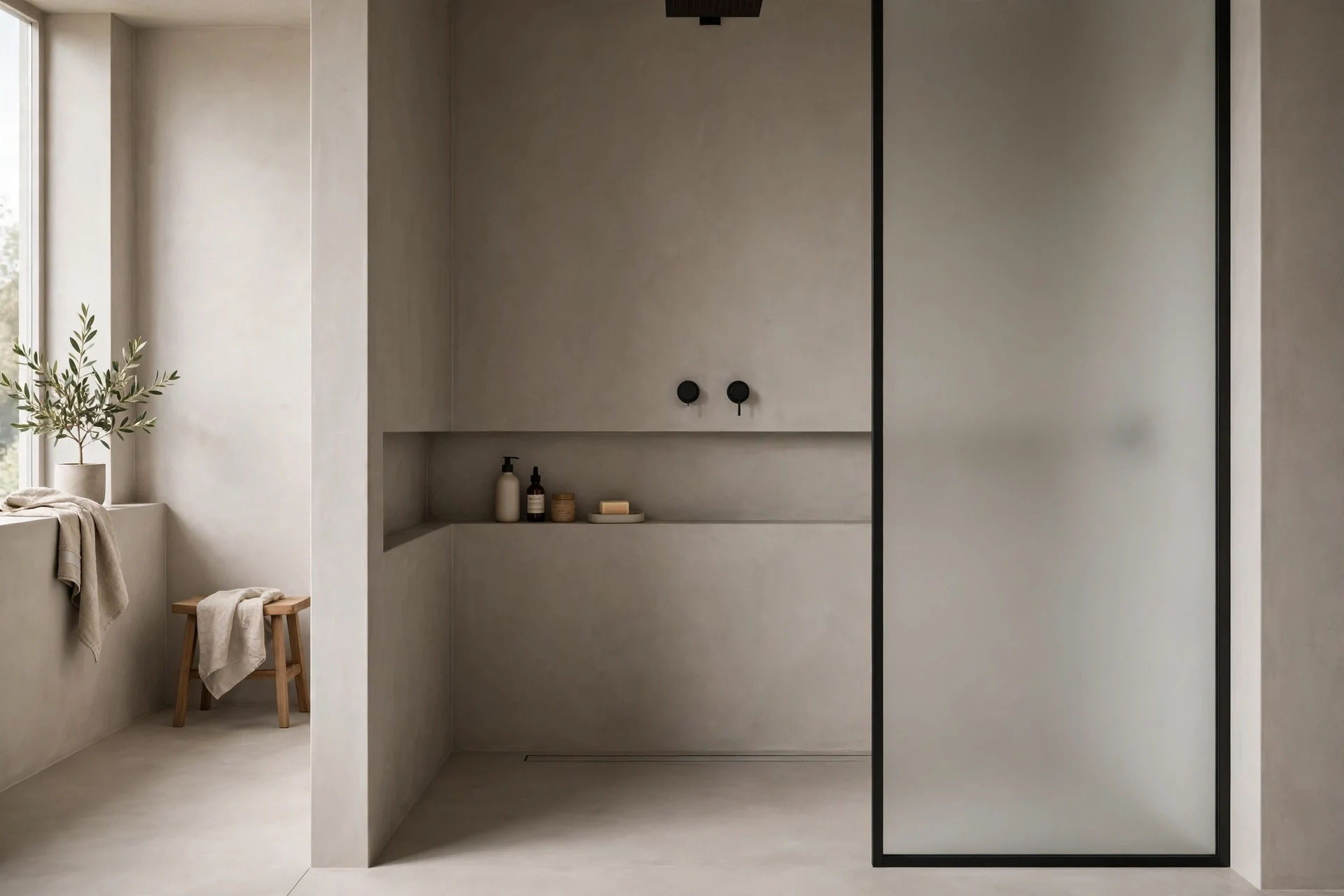 Minimalistyczna strefa prysznicowa walk-in z beżowymi ścianami z mikrocementu, szklaną ścianką w czarnej ramie, podłużną wnęką ścienną na kosmetyki oraz czarną podtynkową armaturą.