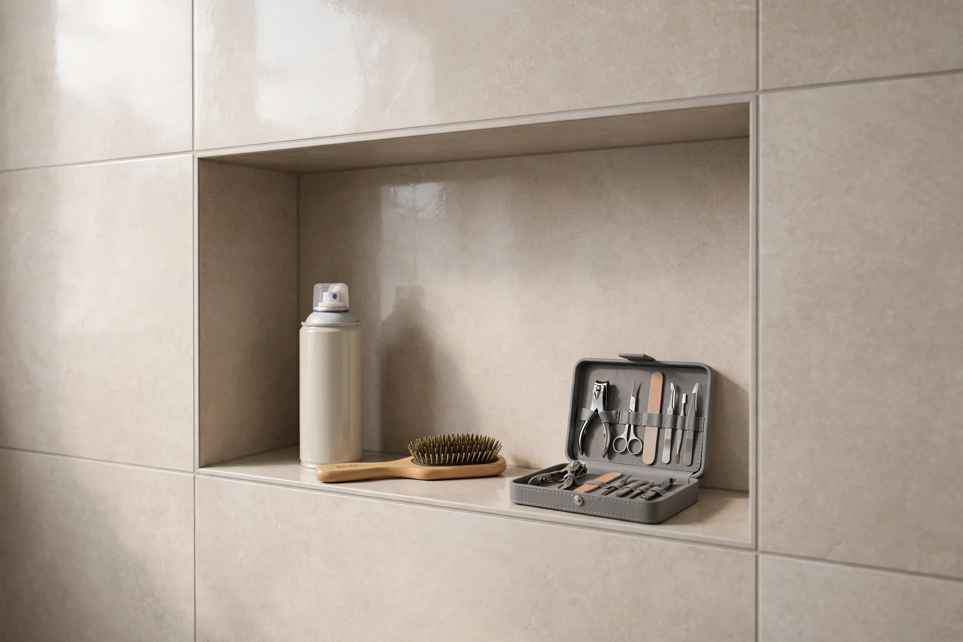 Prostokątna wnęka ścienna wyłożona beżowymi płytkami ceramicznymi, na której znajdują się puszka pianki do golenia, drewniana szczotka do włosów oraz otwarty szary piórnik z zestawem do manicure.