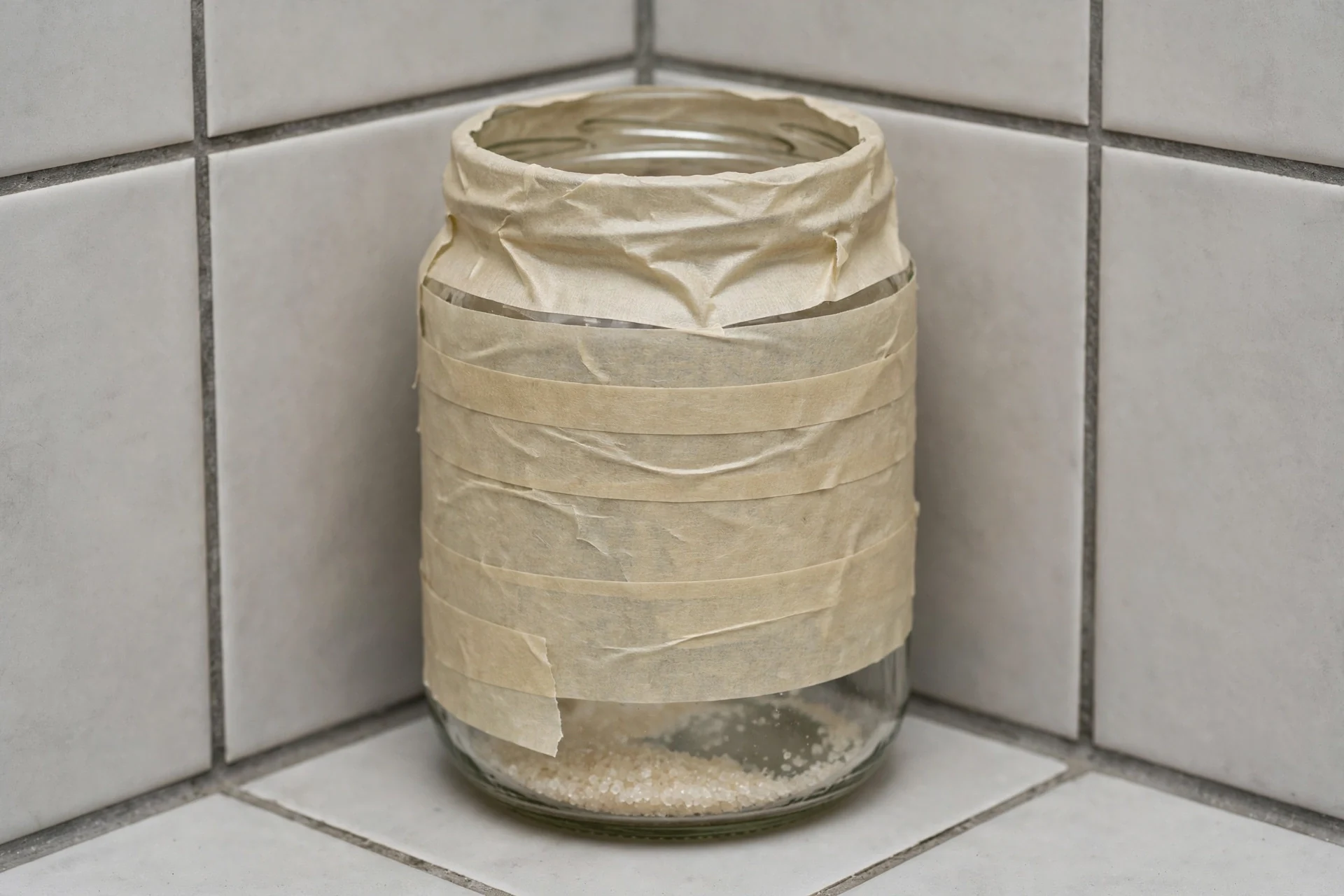 Szklany słoik oklejony beżową taśmą papierową z cukrem na dnie, ustawiony w rogu łazienki na jasnych płytkach ceramicznych.