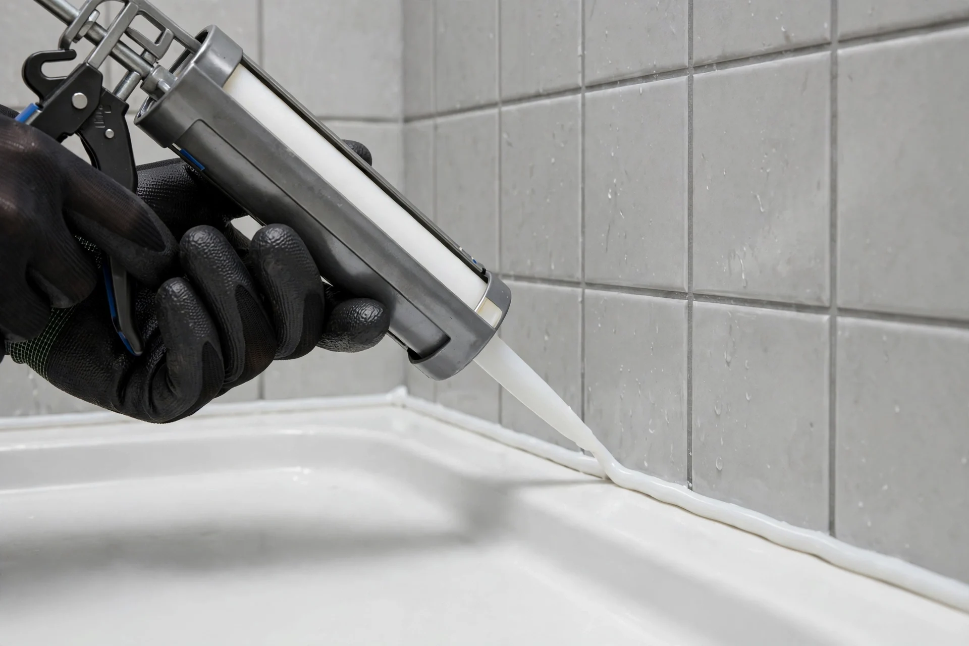 Dłoń w czarnej rękawicy roboczej nakładająca biały silikon sanitarny z pistoletu uszczelniającego na łączenie białego brodzika i szarych kafelków ściennych.