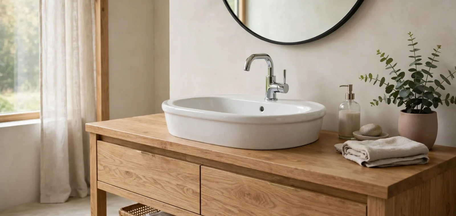Biała ceramiczna umywalka nablatowa z chromowaną baterią na drewnianej szafce w jasnej łazience z okrągłym lustrem.