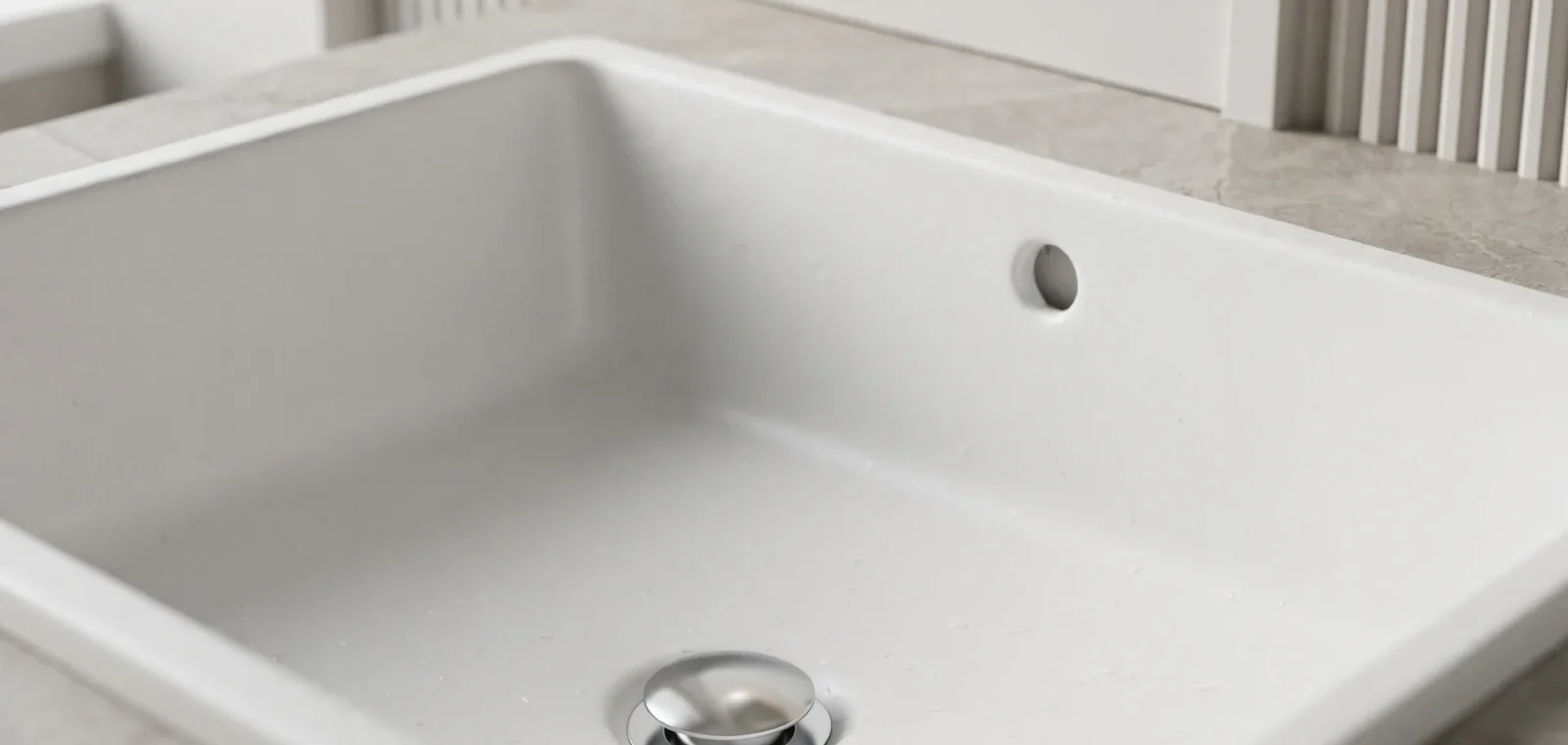 Biała prostokątna umywalka ceramiczna wpuszczona w blat z widocznym okrągłym otworem przelewowym i metalowym korkiem w odpływie